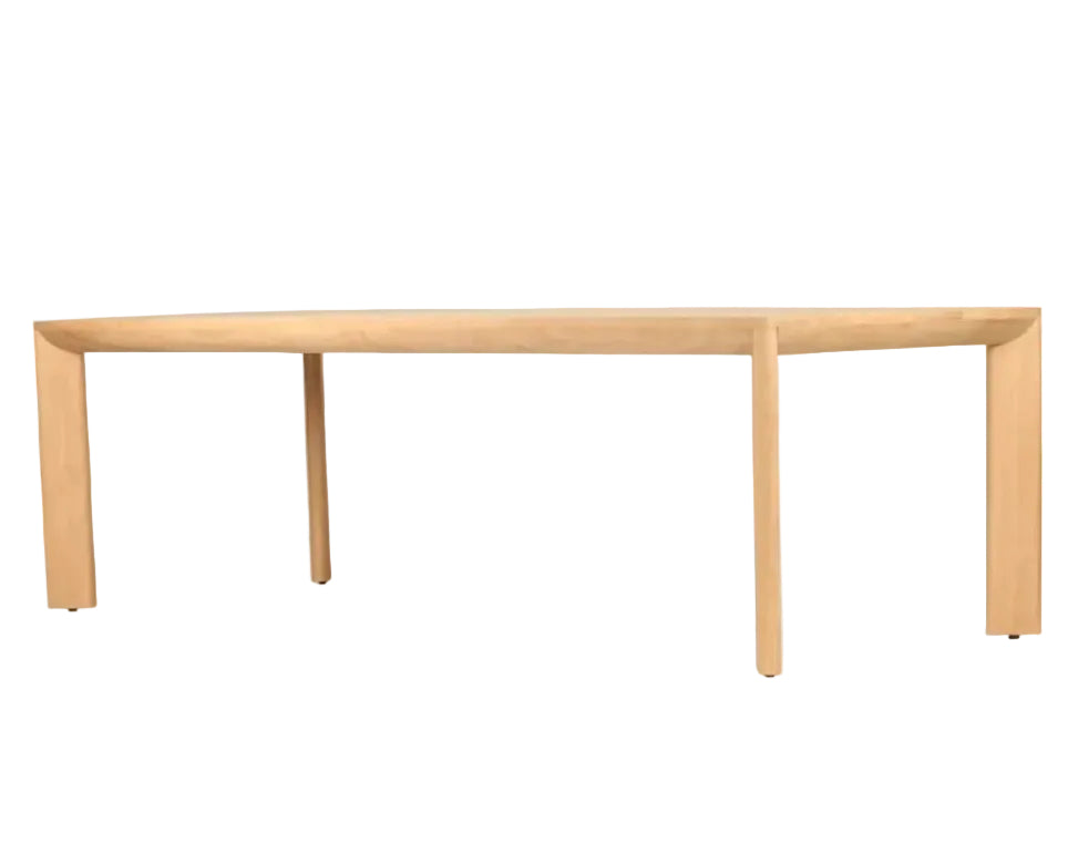 A minimalist rectangular wooden dining table with a light natural oak finish, featuring a thick top and tapered legs, shown against a plain white background.