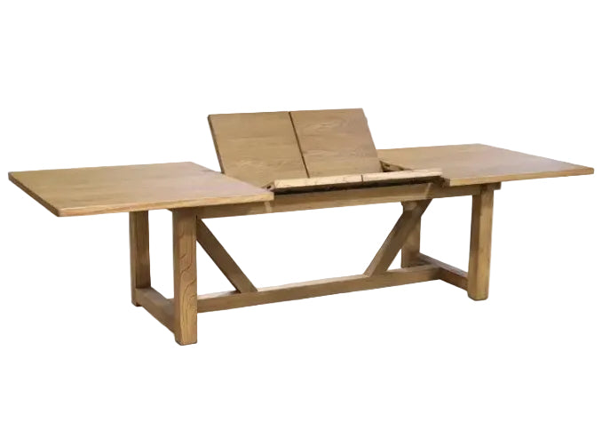 Oak Timber extension dining table with leaves open on a white background | Brugge Extension Dining Table | Rustic Charm Interiors