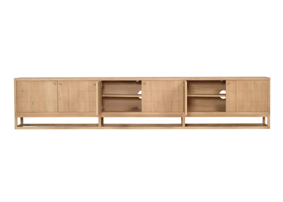 Huxley TV Entertainment Unit - 6 Door Rustic Charm Interiors - Open Cupboard Doors