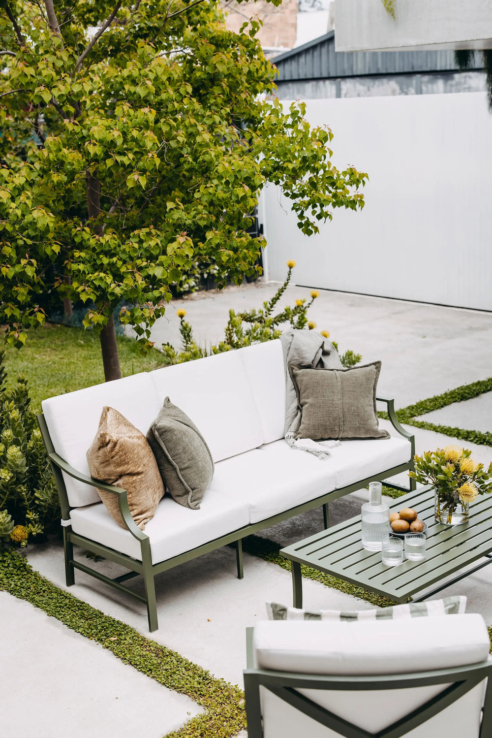 Portofino Outdoor Sofa in Verde Green with Canvas Natural White Sunbrella® cushions