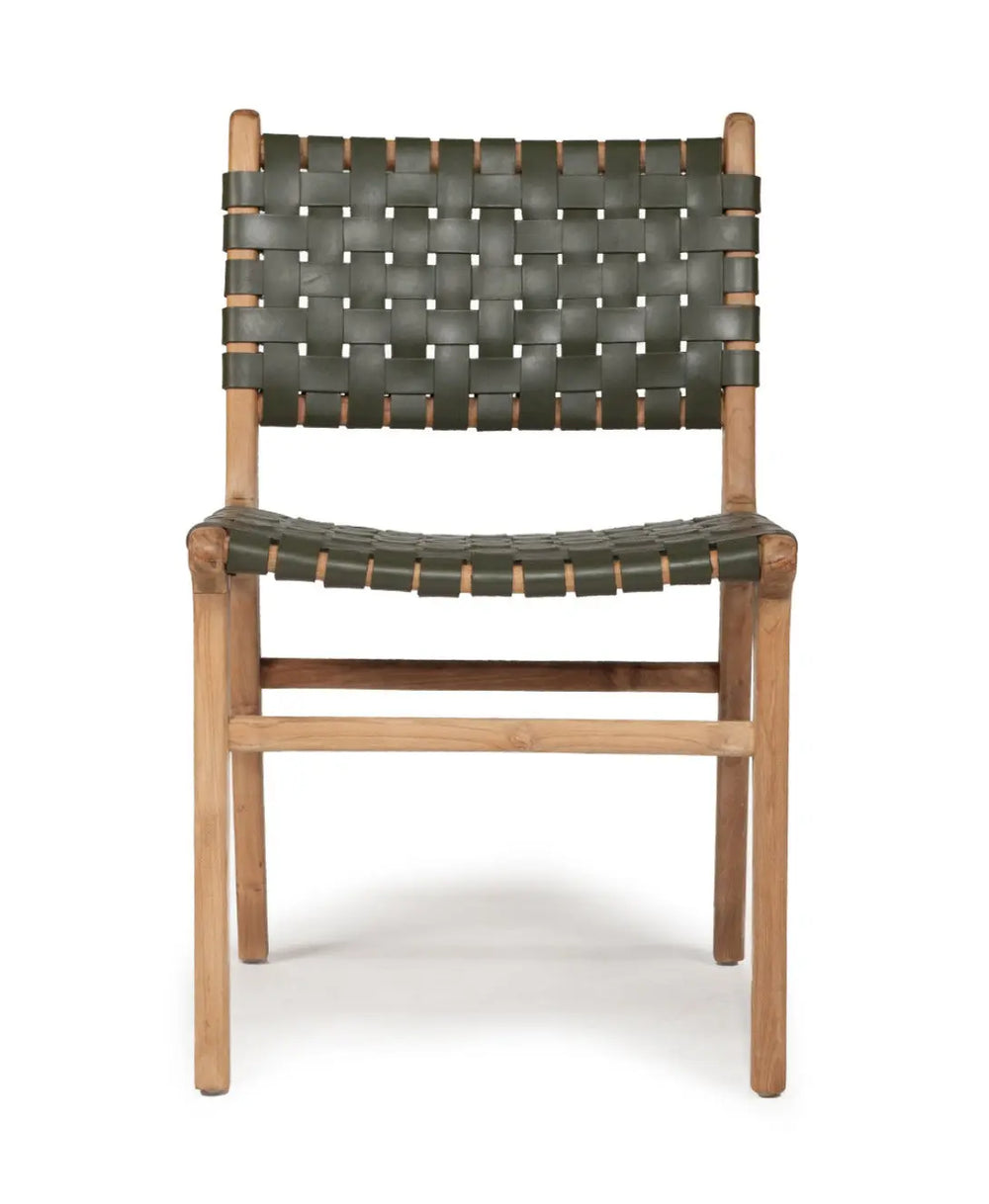 A contemporary Luca Woven Leather Dining Chair with a solid teak frame and olive dyed leather, showing a side profile against a white background.