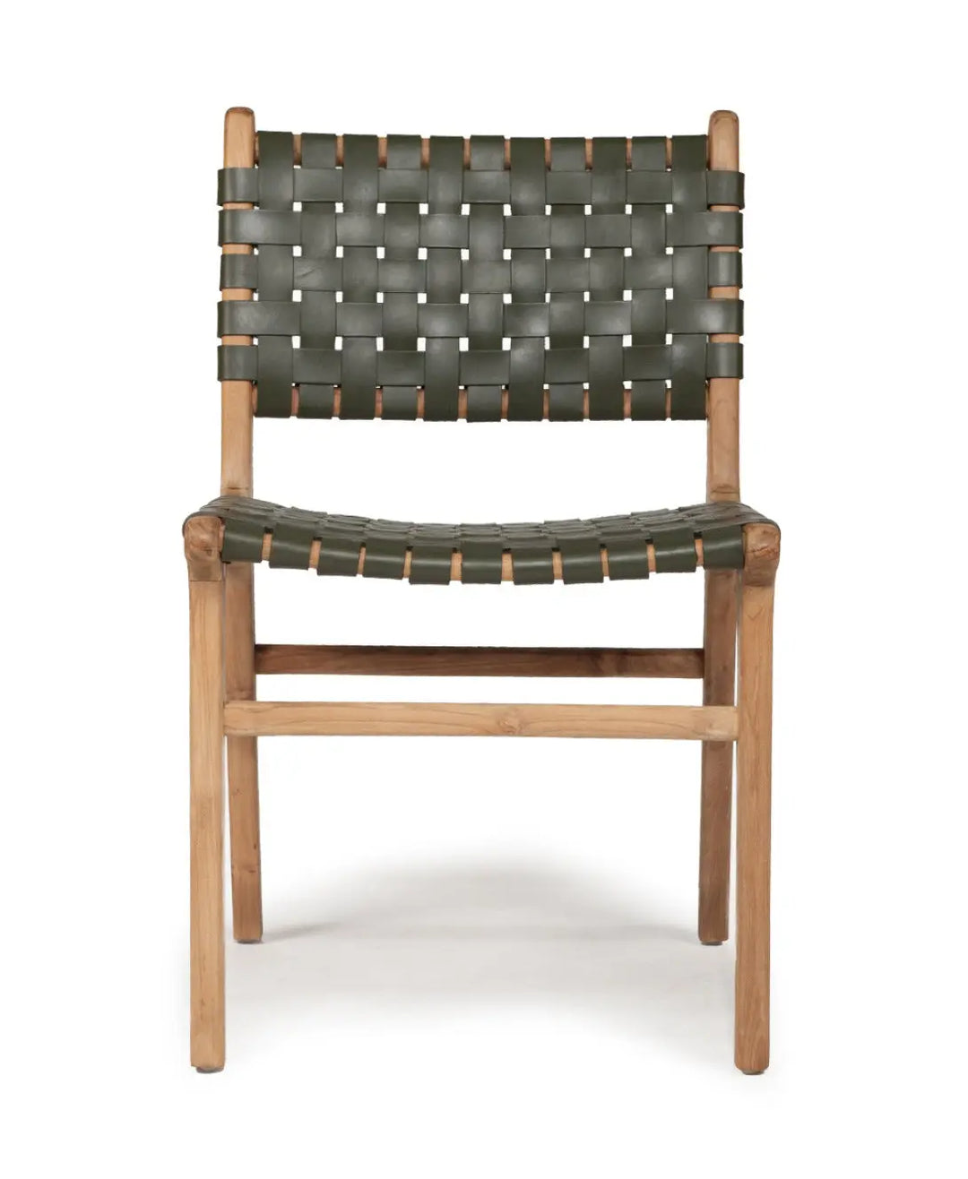 A contemporary Luca Woven Leather Dining Chair with a solid teak frame and olive dyed leather, showing a side profile against a white background.
