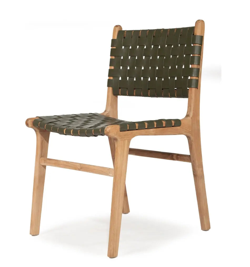A contemporary Luca Woven Leather Dining Chair with a solid teak frame and olive dyed leather, showing a side profile against a white background.