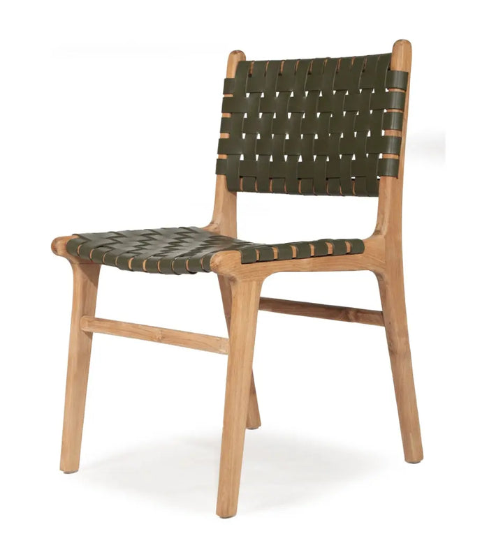 A contemporary Luca Woven Leather Dining Chair with a solid teak frame and olive dyed leather, showing a side profile against a white background.