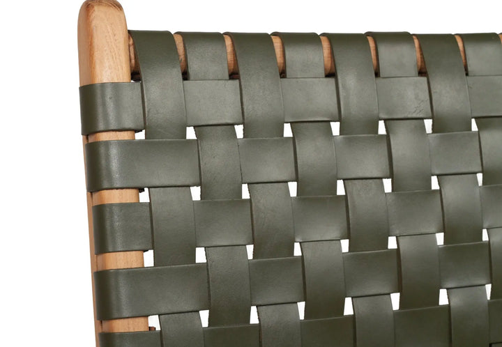 A contemporary Luca Woven Leather Dining Chair with a solid teak frame and olive dyed leather, showing a close up of the olive green leather mesh
