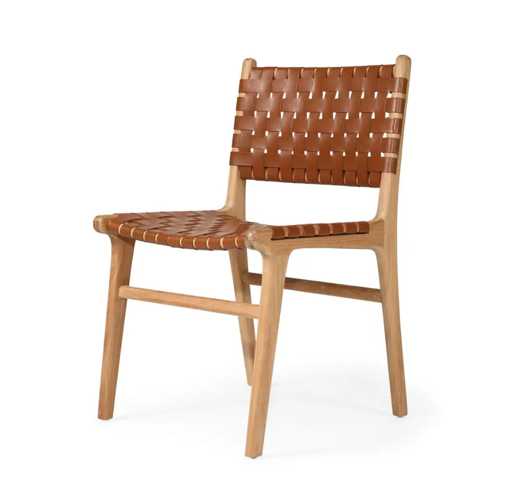 A contemporary Luca Woven Leather Dining Chair with a solid teak frame and tan cowhide leather seat and backrest.