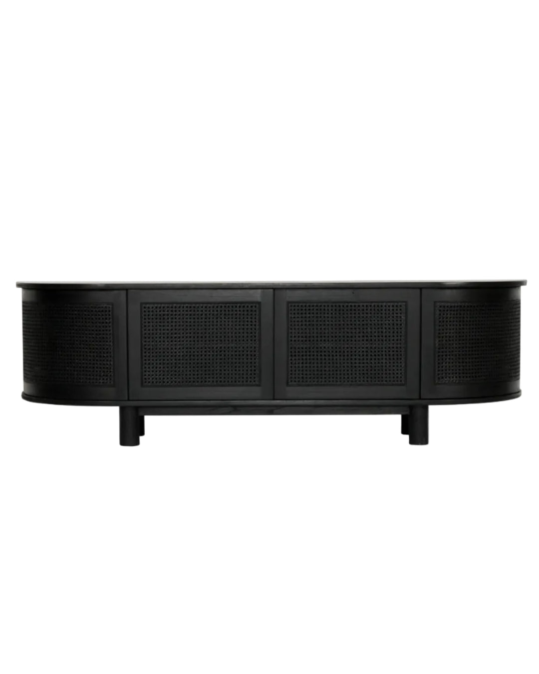 A modern black media console with a curved silhouette, featuring three central cane-embossed doors and textured side panels, supported by four short legs, shown against a plain white background.