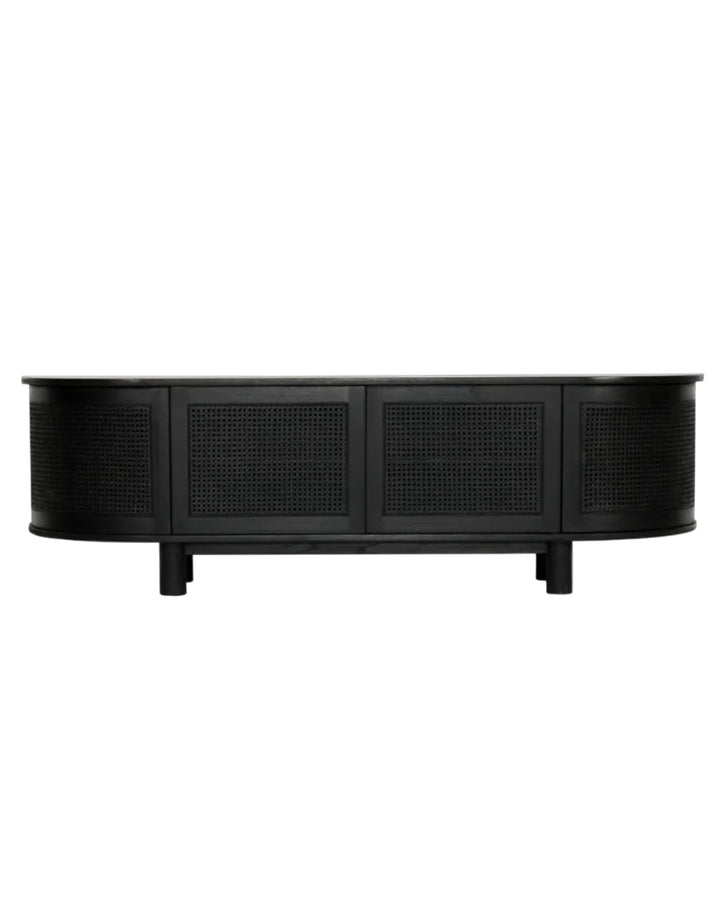 A modern black media console with a curved silhouette, featuring three central cane-embossed doors and textured side panels, supported by four short legs, shown against a plain white background.