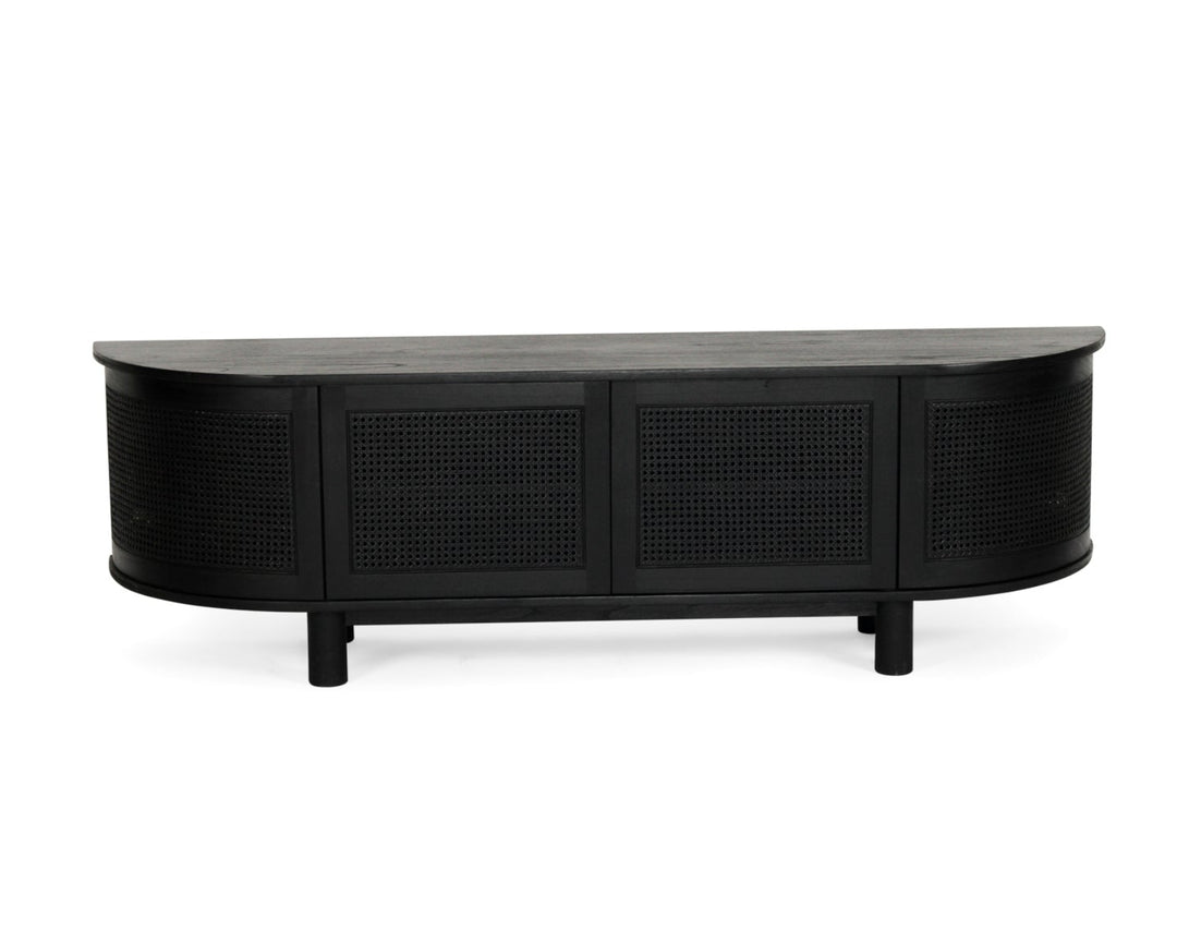 A modern black curved sideboard or TV stand with three woven cane cabinet doors and short legs, shown against a plain white background.