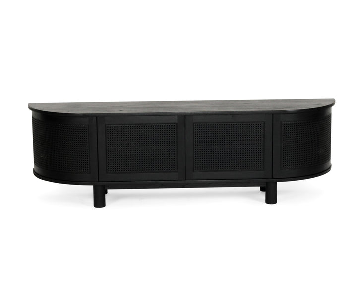 A modern black curved sideboard or TV stand with three woven cane cabinet doors and short legs, shown against a plain white background.