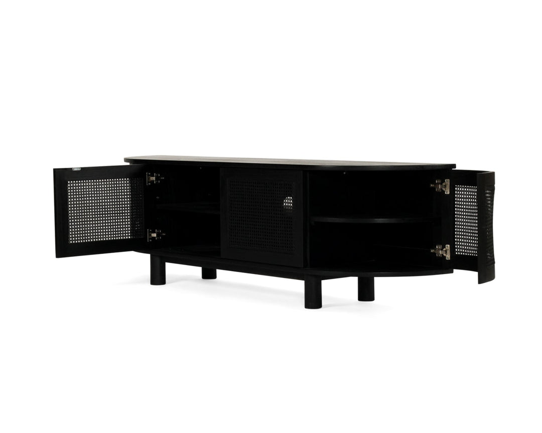 A black media console cabinet with two doors swung open, featuring rattan mesh doors, set against a plain white background.