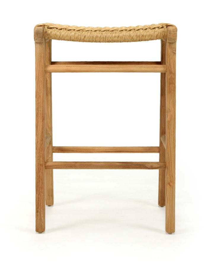 Kitchen counter stool in a natural oak finisk, wiht a woven rattan seat on a white background