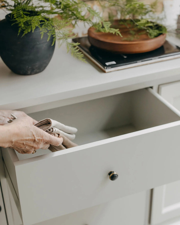 New England Buffet - Grey | Rustic Charm Interiors - Drawer Open Styled