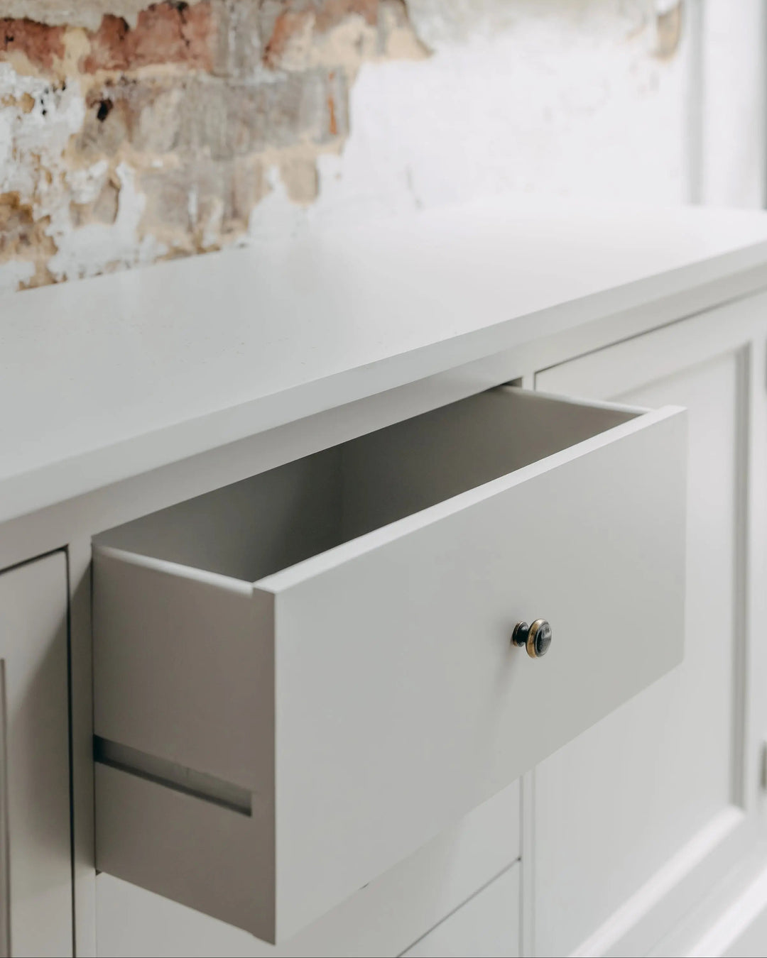 New England Buffet - Grey | Rustic Charm Interiors - Drawer Open