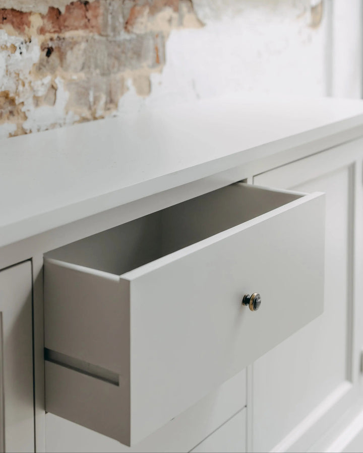 New England Buffet - Grey | Rustic Charm Interiors - Drawer Open