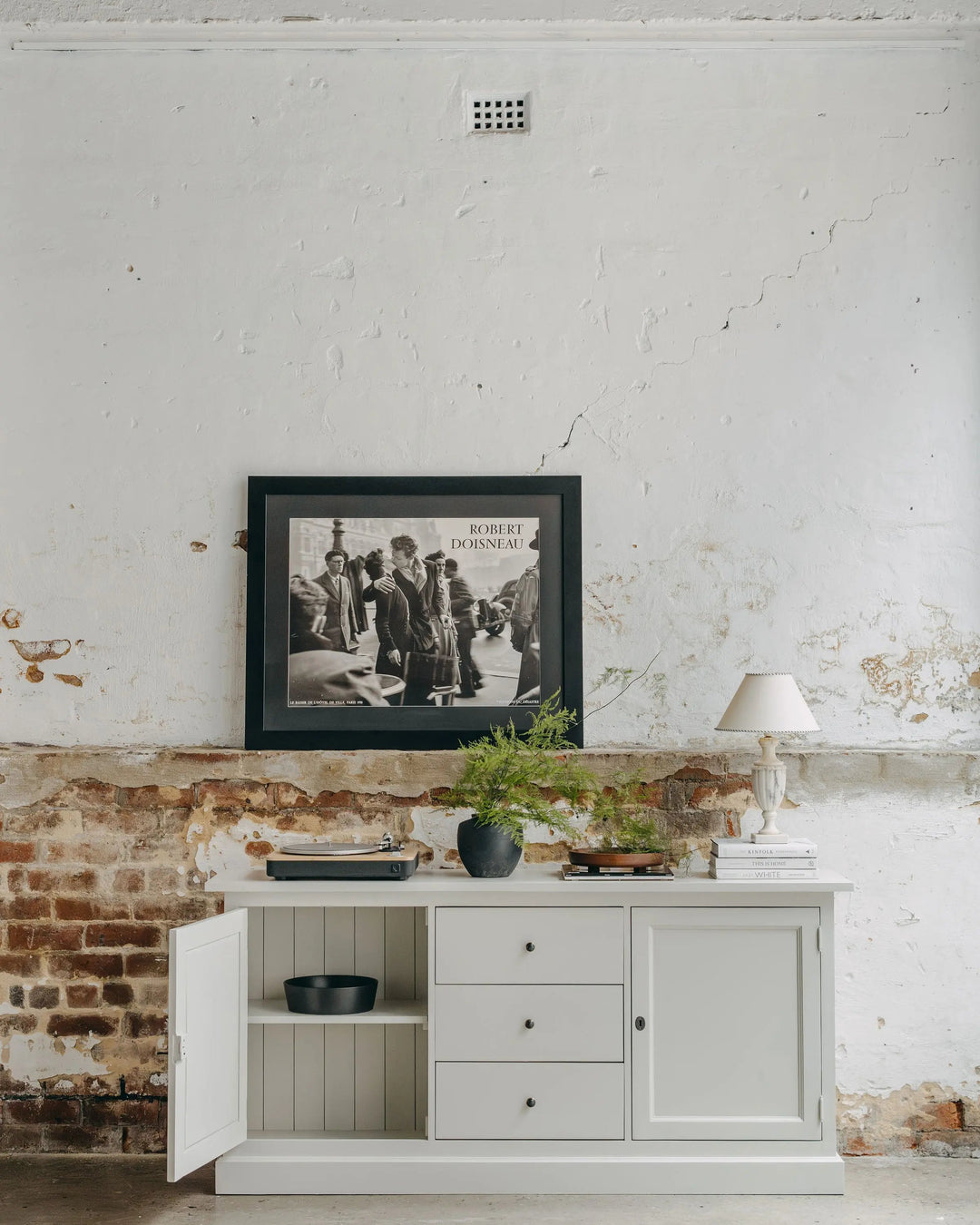 New England Buffet - Grey | Rustic Charm Interiors - One Cupboard Door Open