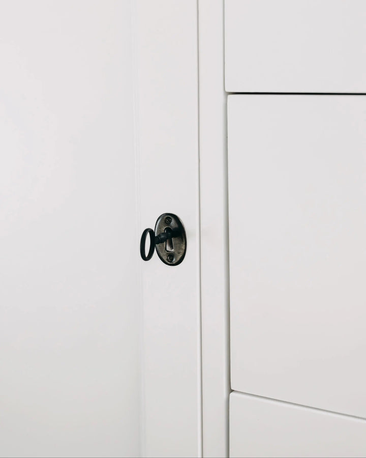 New England Buffet - Polar White | Rustic Charm Interiors - Key Lock Detail