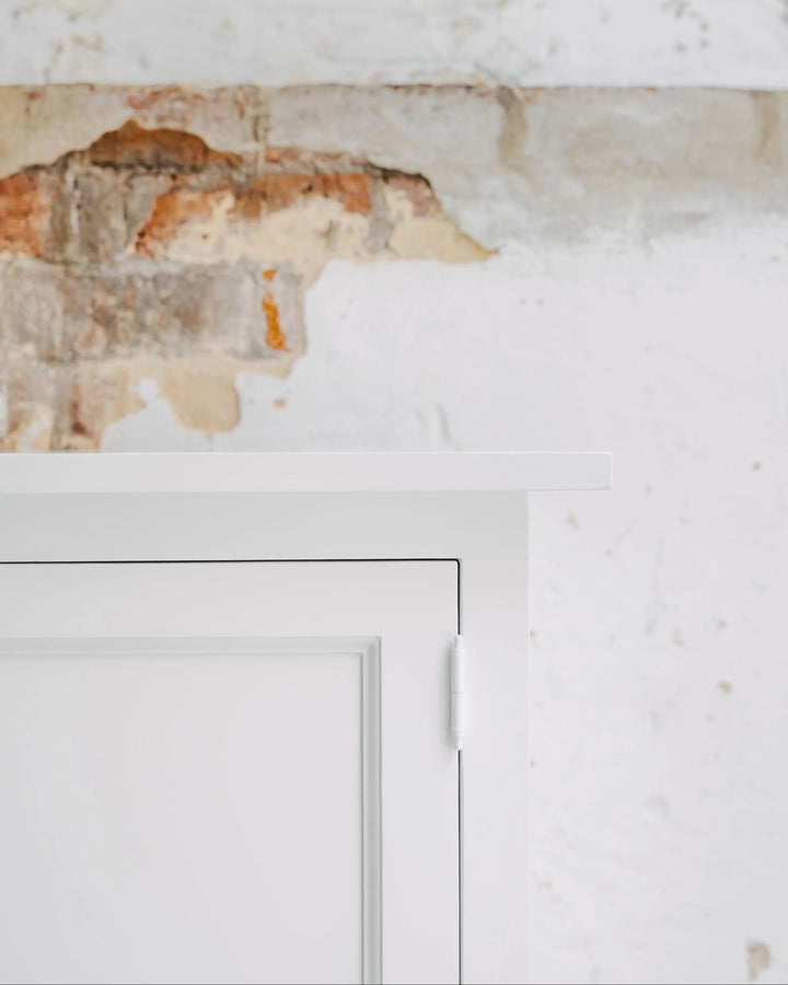 New England Buffet - Polar White | Rustic Charm Interiors - Top Corner Detail