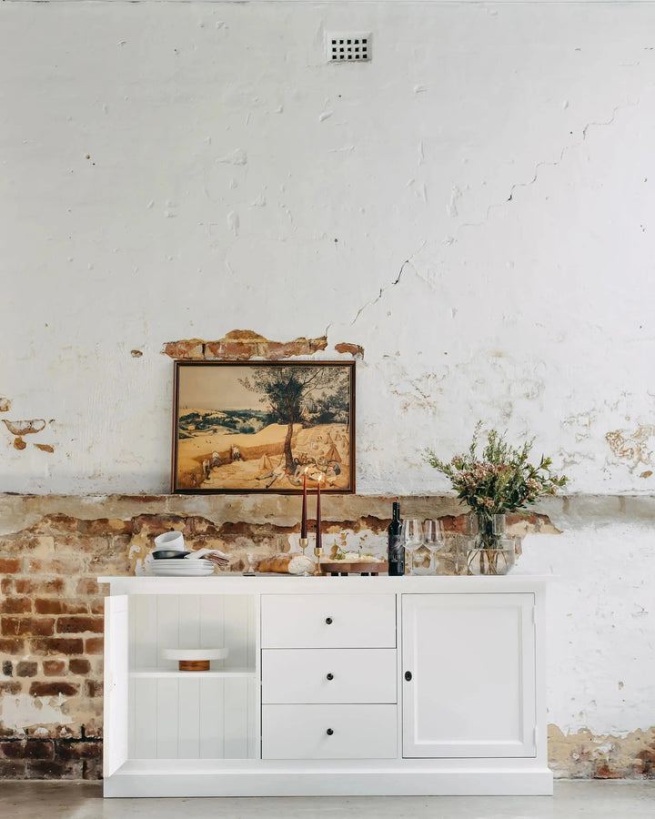 New England Buffet - Polar White | Rustic Charm Interiors - One Cupboard Door Open