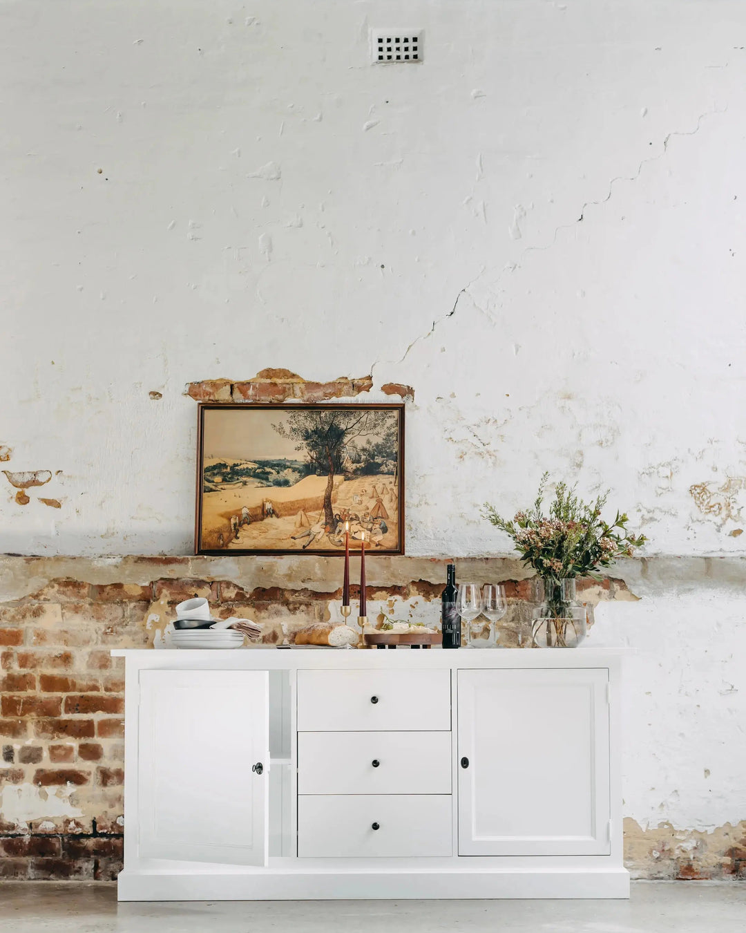 New England Buffet - Polar White | Rustic Charm Interiors - Cupboard Dooer Half Open