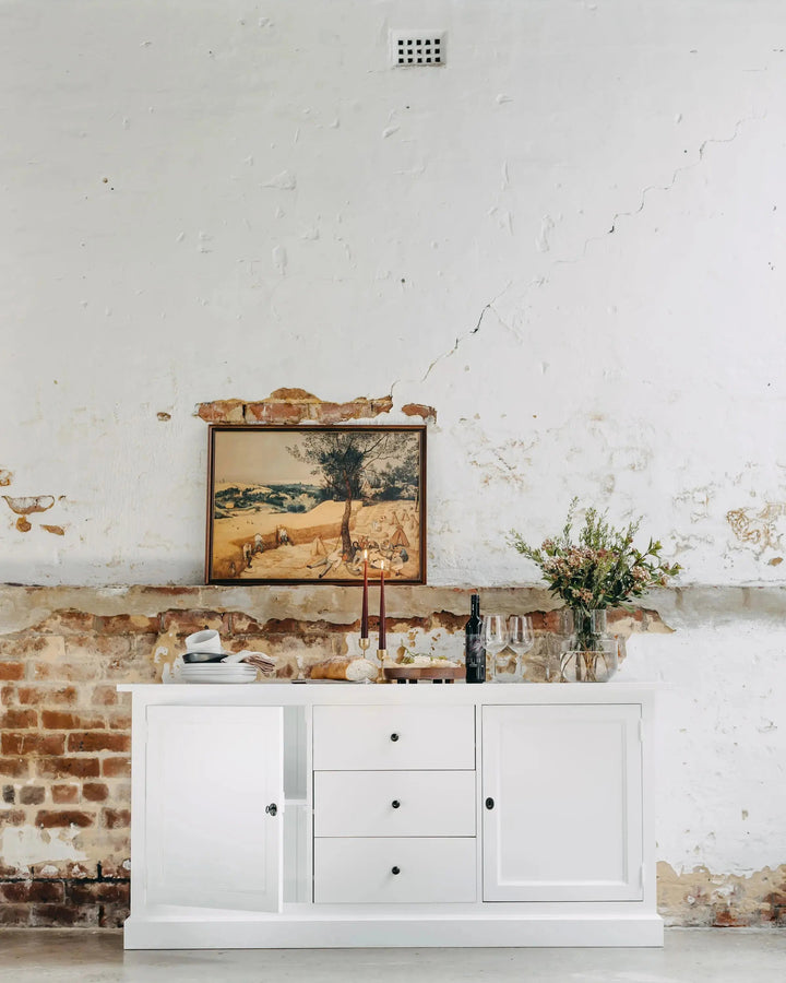 New England Buffet - Polar White | Rustic Charm Interiors - Cupboard Dooer Half Open