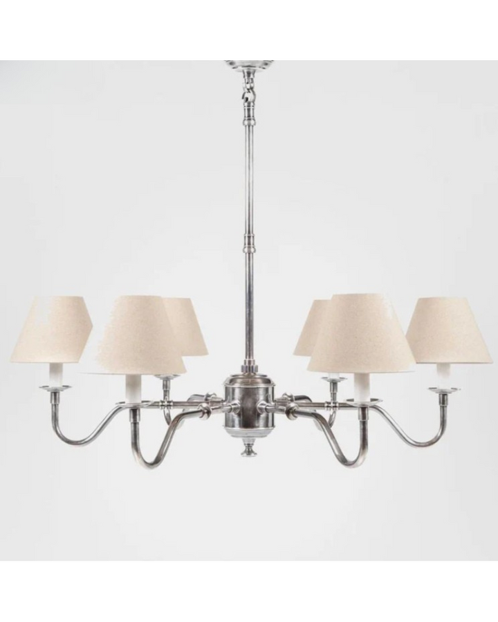 Prescott Chandelier- Antique Silver & Linen Shades