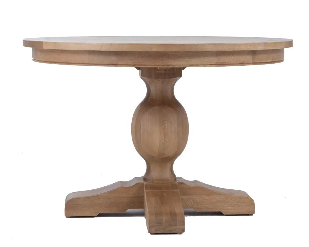 Round timber dining table with bulbous pedestal leg on white background | Priory Round Dining Table | Rustic Charm Interiors