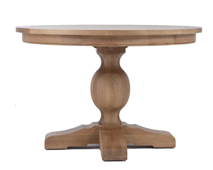 Round timber dining table with bulbous pedestal leg on white background | Priory Round Dining Table | Rustic Charm Interiors