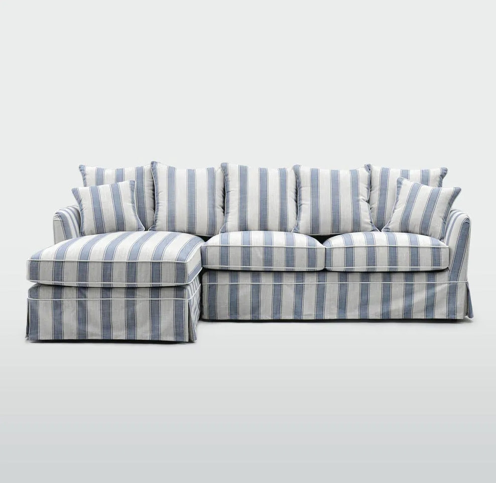 Claremont 3 Seater Chaise Sofa in Blue Stripe - Left