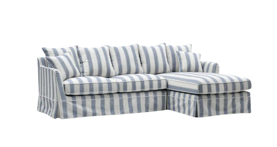 Claremont 3 Seater Chaise Sofa in Blue Stripe - Right Rustic Charm Interiors