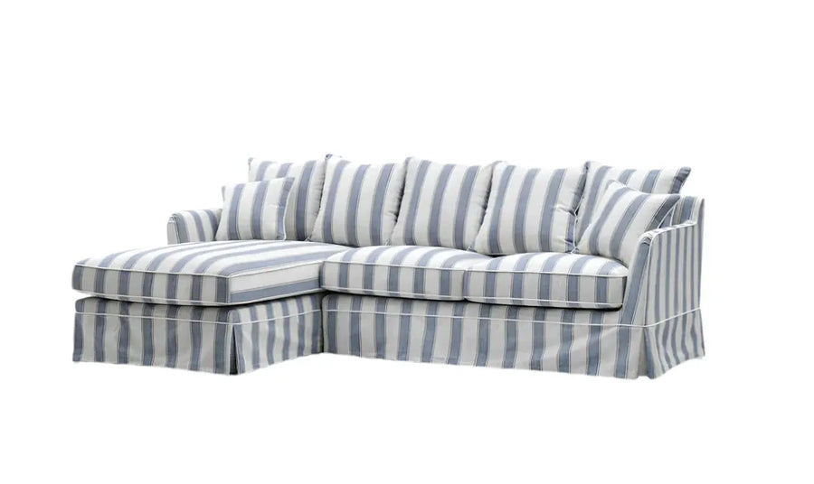 Claremont 3 Seater Chaise Sofa in Blue Stripe - Left Rustic Charm Interiors
