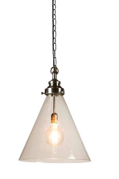 Glasden Glass Pendant in Antique Silver - Medium - Clear Glass