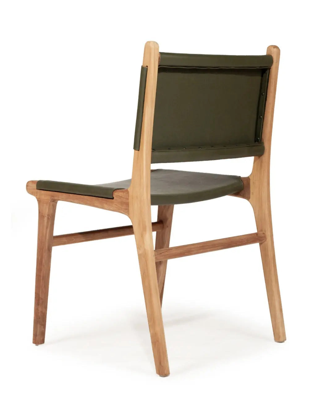 A contemporary Sutton Leather Dining Chair with a teak wooden frame, and olive green leather upholstery.