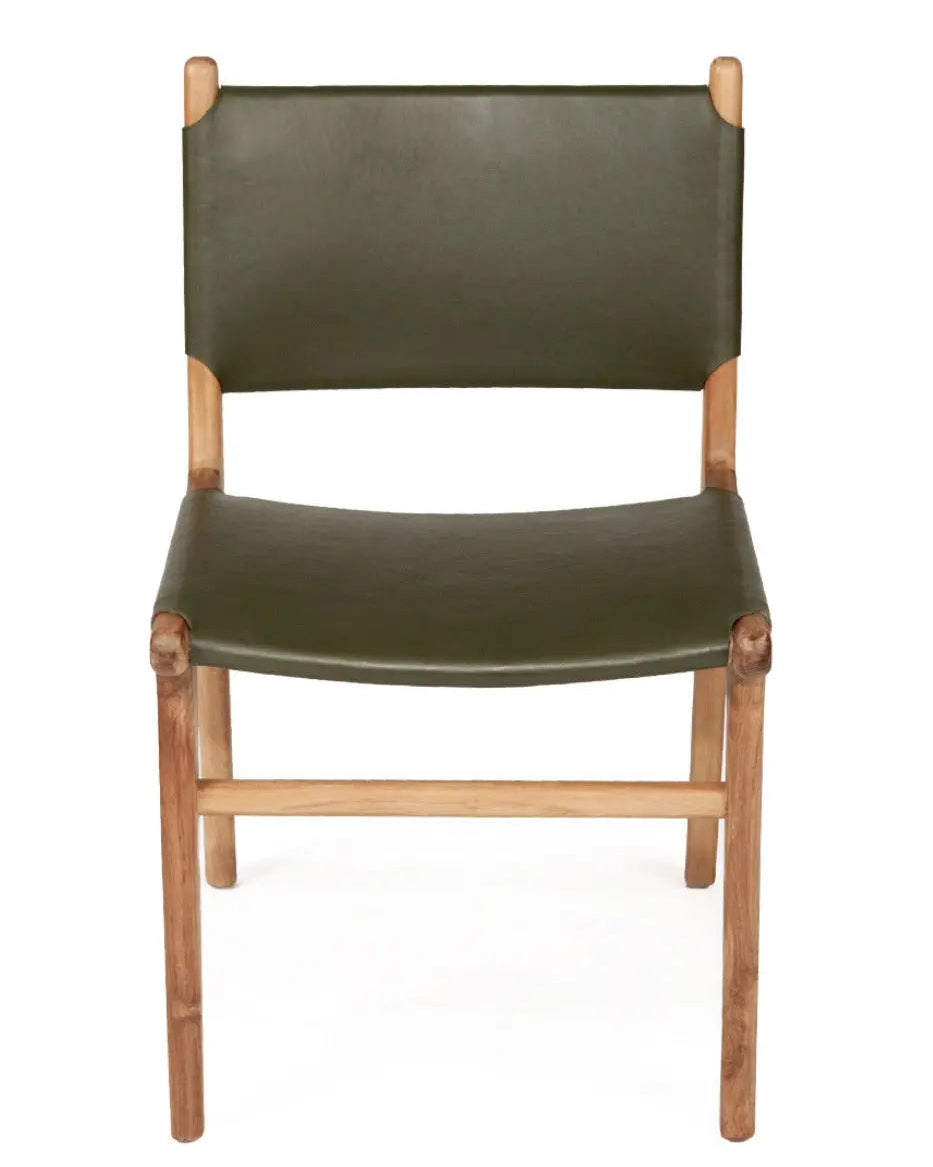 A contemporary olive leather dining chair with a solid teak frame, viewed from a side angle against a white background.