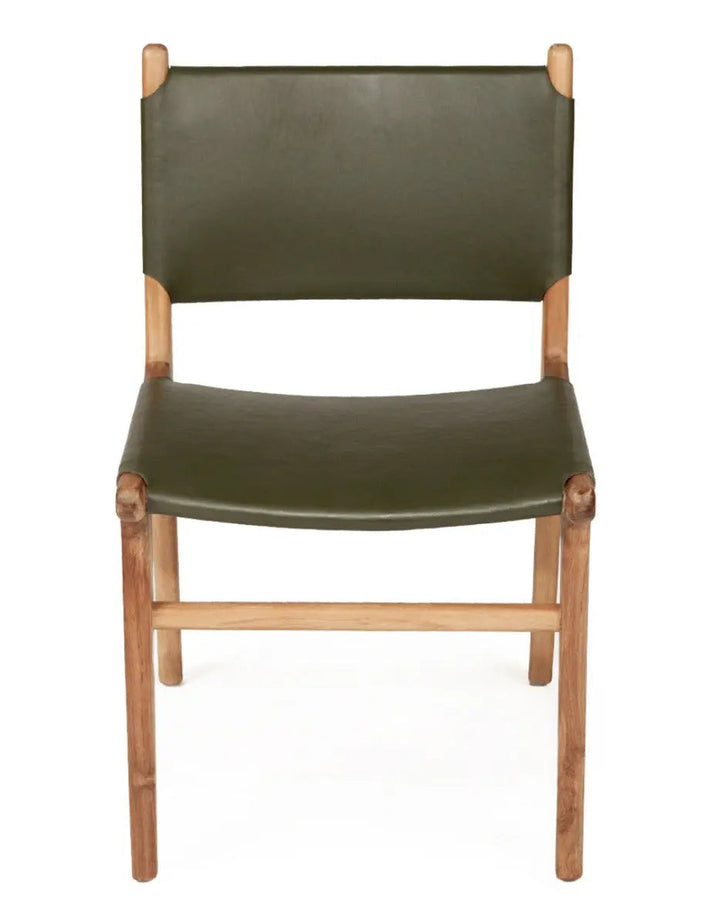 A contemporary olive leather dining chair with a solid teak frame, viewed from a side angle against a white background.