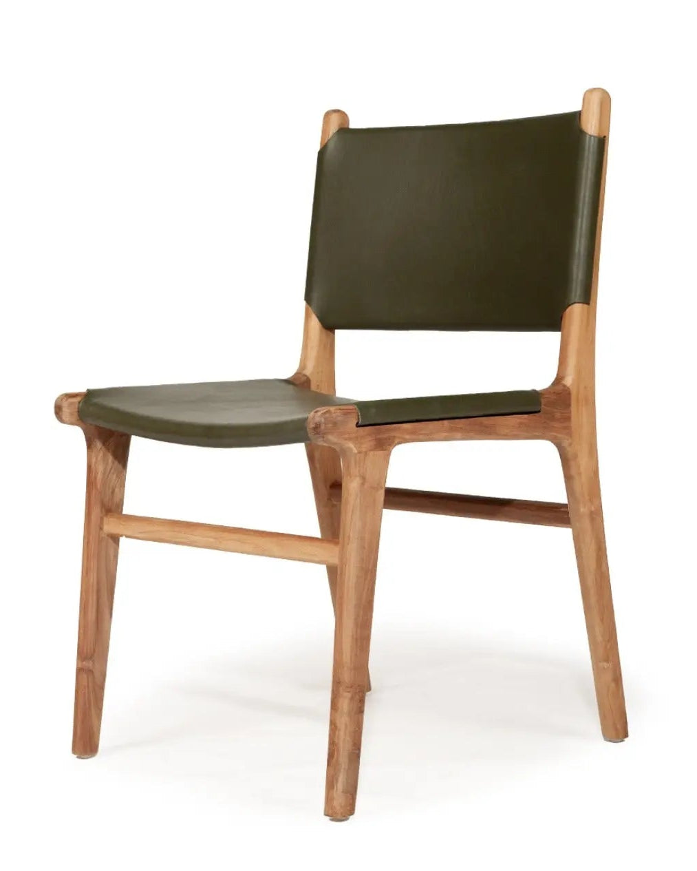 A contemporary olive leather dining chair with a solid teak frame, viewed from a side angle against a white background.