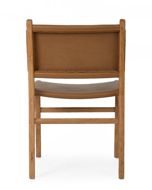 A contemporary Sutton Leather Dining Chair with a teak wooden frame, and brown leather upholstery.