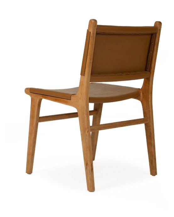 A contemporary Sutton Leather Dining Chair with a teak wooden frame, and brown leather upholstery.