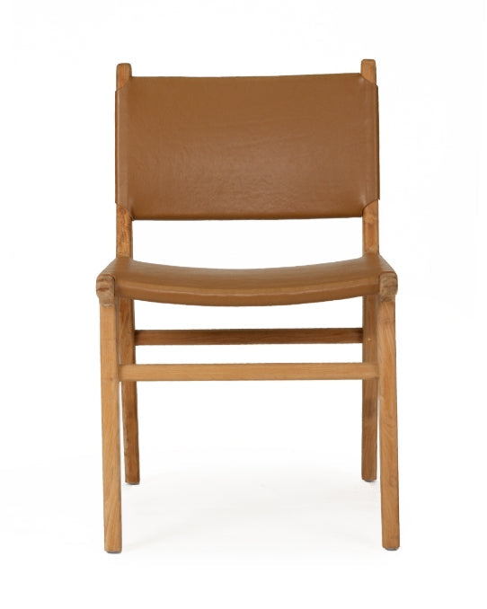 A modern Sutton Leather Dining Chair with a teak wooden frame, and brown leather upholstery.