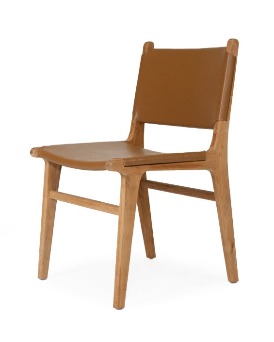 A contemporary Sutton Leather Dining Chair with a teak wooden frame, and brown leather upholstery.