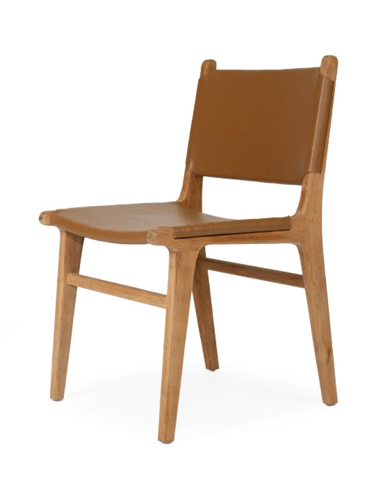 A modern Sutton Leather Dining Chair with a teak wooden frame, and brown leather upholstery.