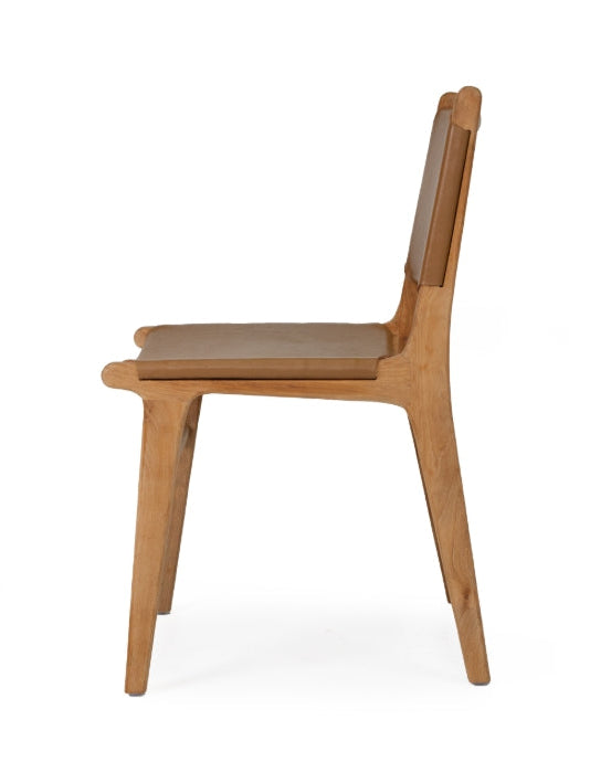 A contemporary Sutton Leather Dining Chair with a teak wooden frame, and brown leather upholstery.
