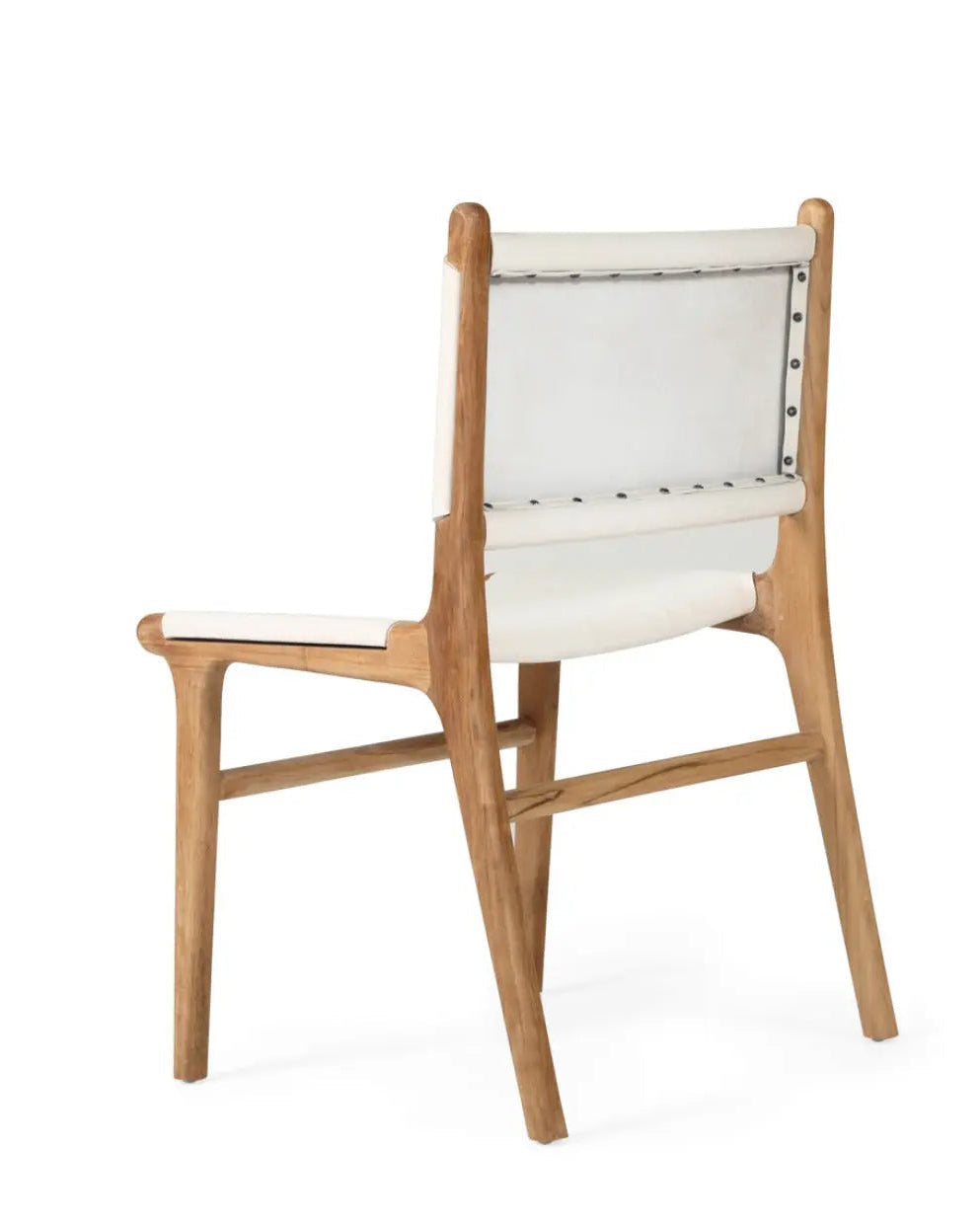 A modern Sutton Leather Dining Chair with a white cushion, teak wooden frame, and white leather upholstery.