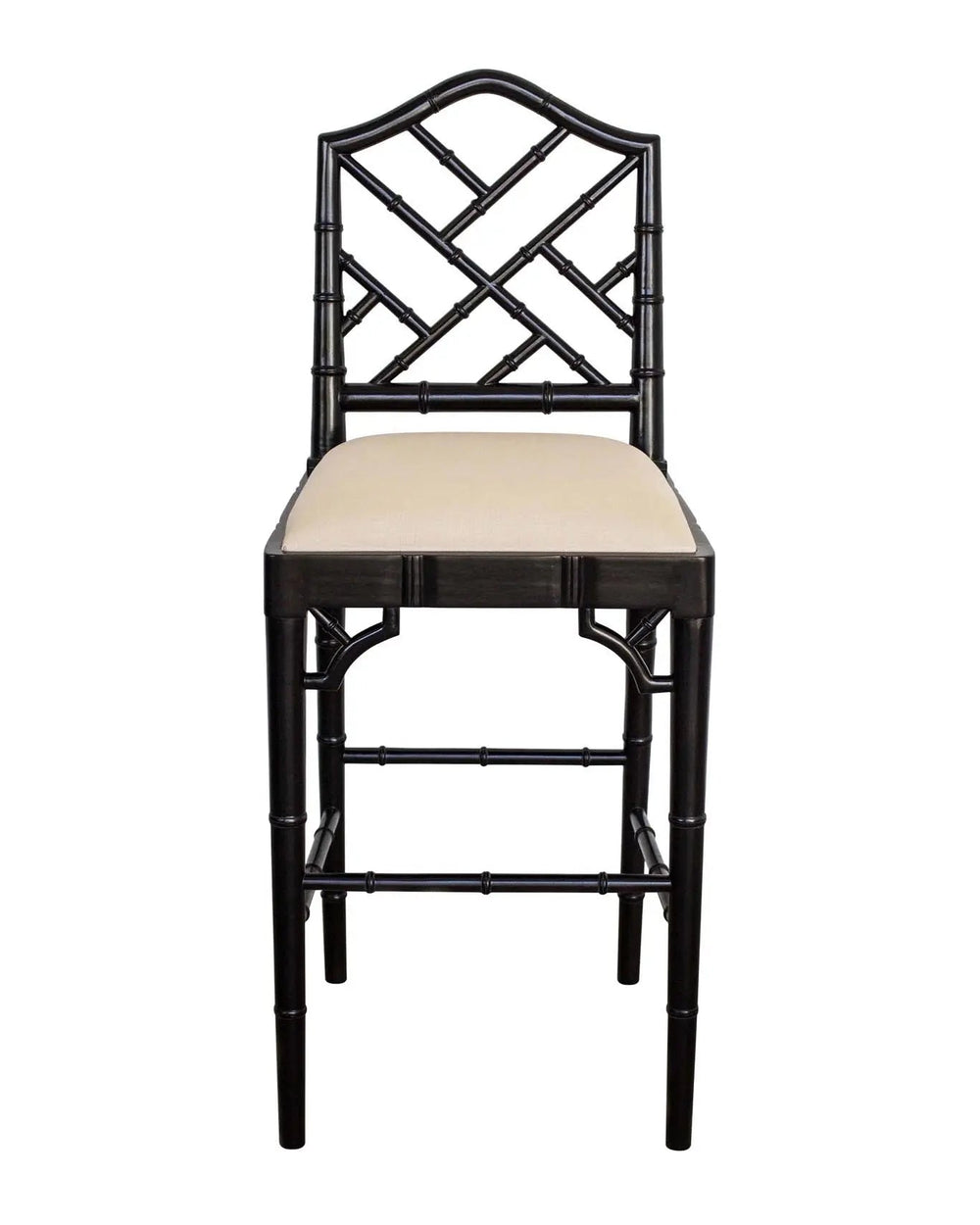 A contemporary Chippendale Bar Counter stool with a solid mahogany frame painted in black and tan upholstered seat, showing a side profile against a white background.