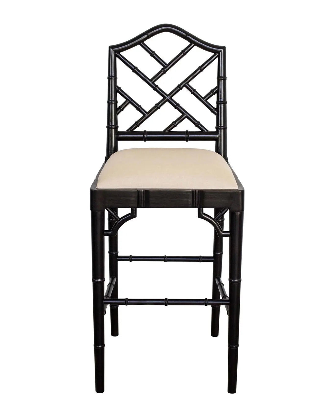 A contemporary Chippendale Bar Counter stool with a solid mahogany frame painted in black and tan upholstered seat, showing a side profile against a white background.