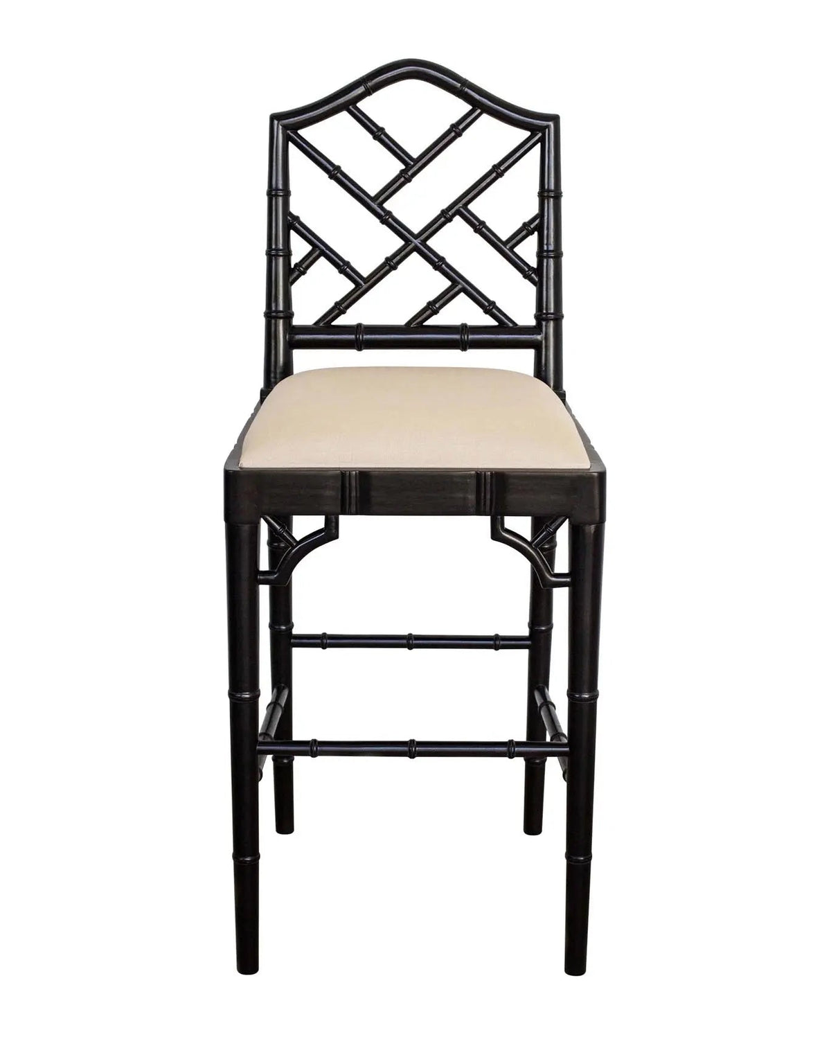 A contemporary Chippendale Bar Counter stool with a solid mahogany frame painted in black and tan upholstered seat, showing a side profile against a white background.