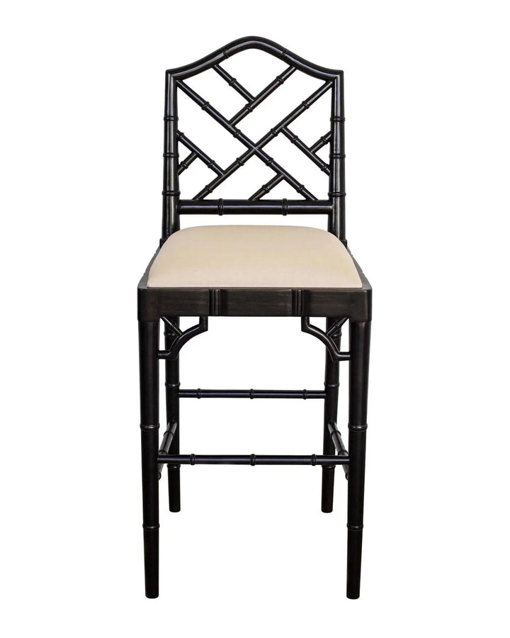 A contemporary Chippendale Bar Counter stool with a solid mahogany frame painted in black and tan upholstered seat, showing a side profile against a white background.