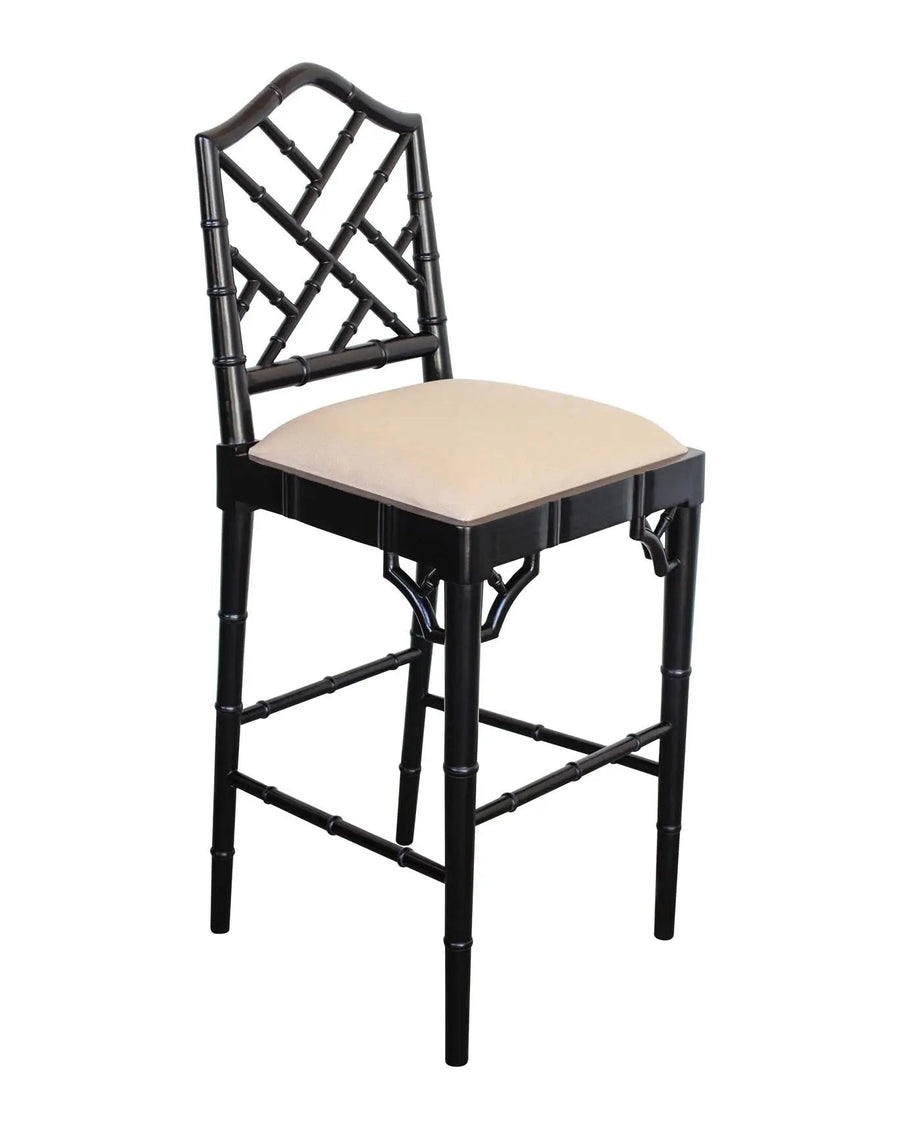 A contemporary Chippendale Bar Counter stool with a solid mahogany frame painted in black and tan upholstered seat, showing a side profile against a white background.