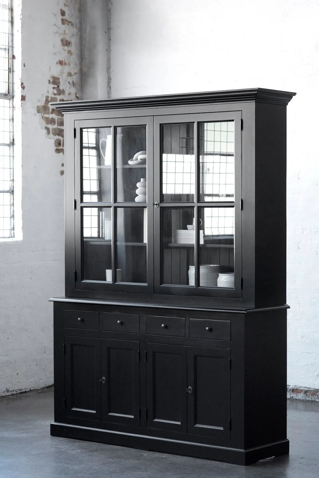 French Window Cabinet - Black - Rustic Charm Interiors - Side Profile