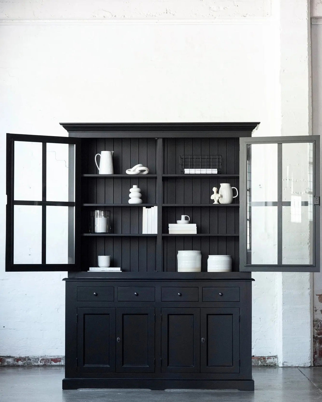 French Window Cabinet - Black - Rustic Charm Interiors - Doors open